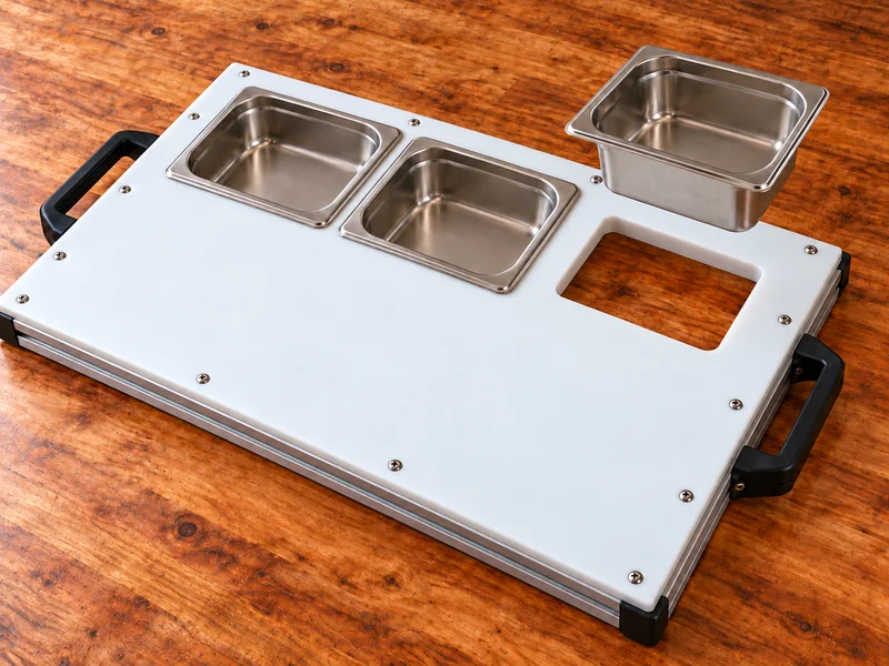 A DisplayPrep board with its aluminum frame, black handles, stainless pans and one pan lifted out