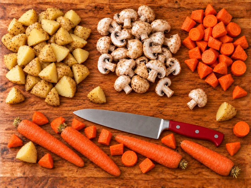 A wooden cutting board covered in heaps of chopped potatoes, mushrooms and carrots, with a chef's knife