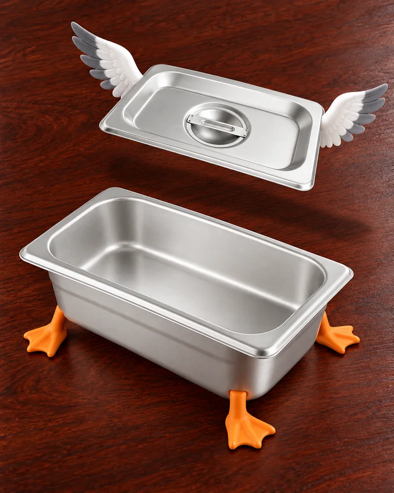 A stainless pan standing on orange duck feet beside its lid, which floats above it on white feathered wings